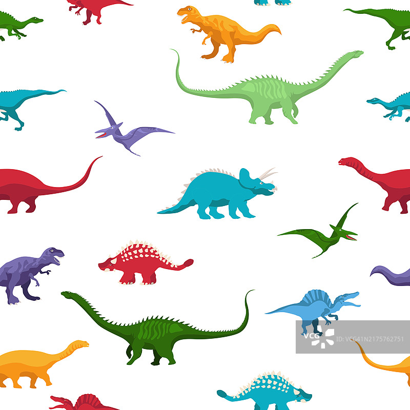 卡通矢量图：白色背景上的恐龙无缝图案图片素材