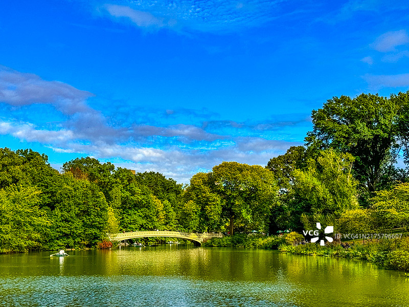 在纽约弓桥附近的划艇上的人们图片素材