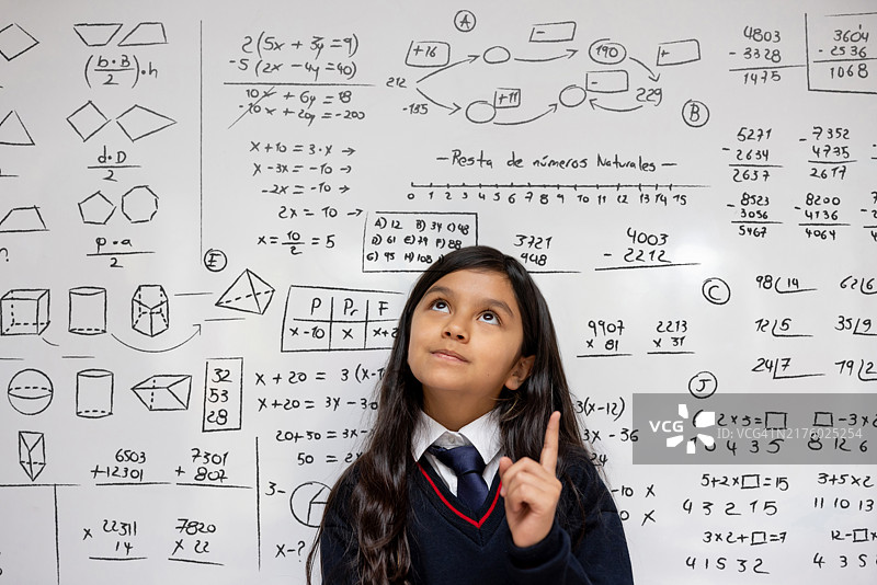 数学课上思考问题并倚靠在白板上的女学生图片素材