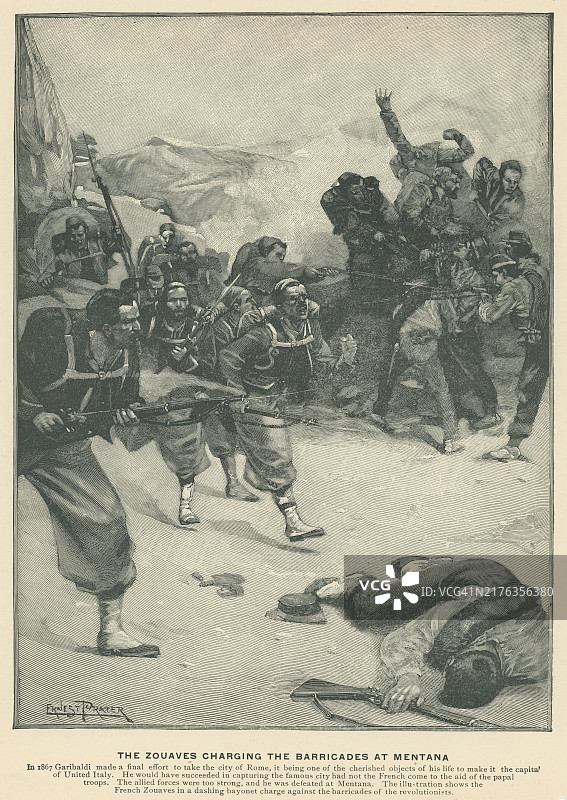 1867年意大利门塔纳战役中，法国教皇宪兵步兵冲击加里波第的路障的老版雕刻插图图片素材
