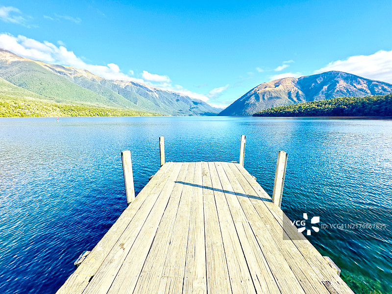 晴朗的夏日，罗托伊蒂湖码头，山峰是湖水的背景图片素材