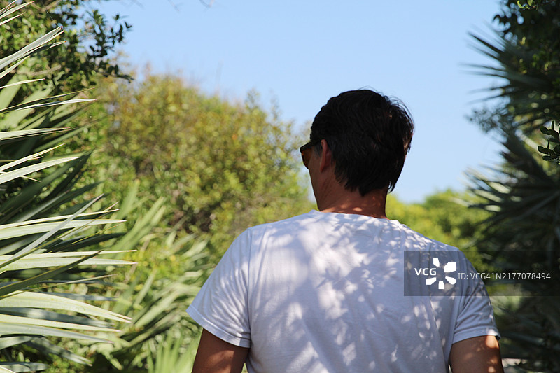 男子在佛罗里达州森林中，沿着棕榈树环绕的沙路徒步，沐浴阳光，享受宁静图片素材