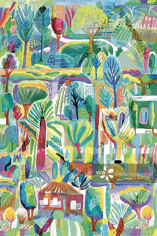 小花园和农舍抽象水彩插画图片素材