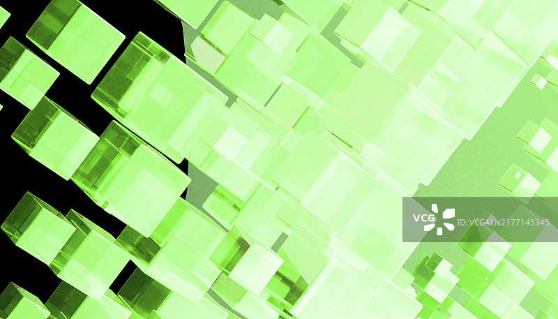 低角度拍摄的黑色背景上悬浮的一组绿色矢量立方体三维图像图片素材