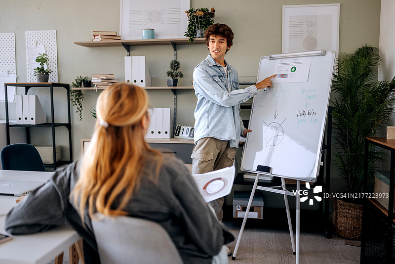 年轻的商人在现代办公室与女同事交谈时使用白板图片素材