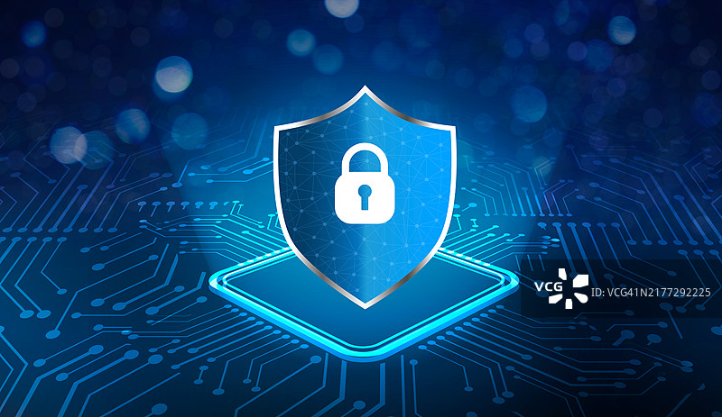 蓝色背景上的钥匙盾牌网络安全概念图片素材