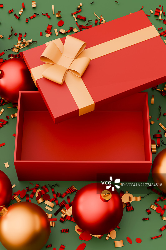 圣诞节3D竖版banner。红色和金色打开的礼品盒与圣诞装饰，球体，圆圈，五彩纸屑在绿色背景上。圣诞节和新年概念。设计元素。图片素材