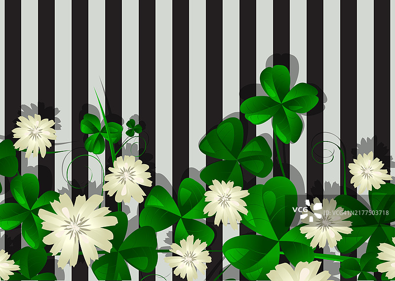 条纹背景上的彩色三叶草叶子和花朵图片素材