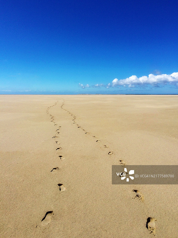 通往大海的沙滩脚印，位于丹麦日德兰半岛法诺岛图片素材