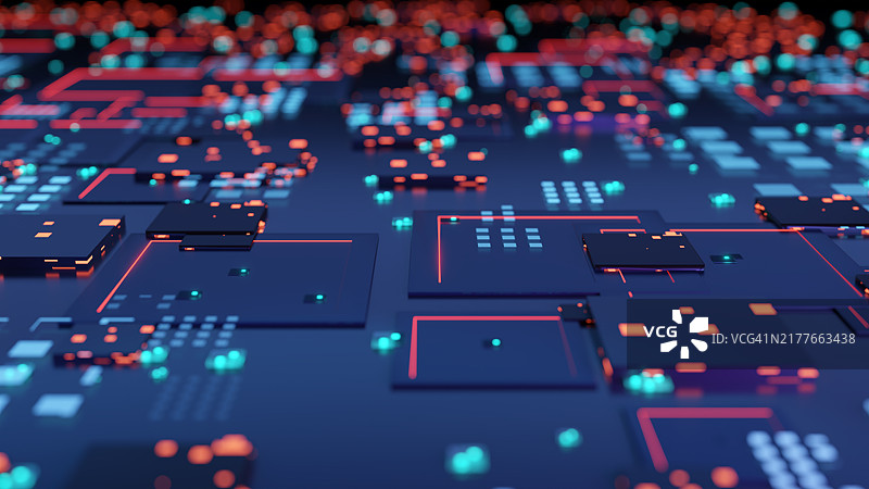 聚焦霓虹灯的抽象3D电路板图片素材