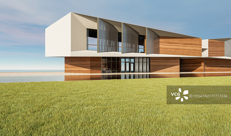 海边带有现代住宅的绿色草坪图片素材