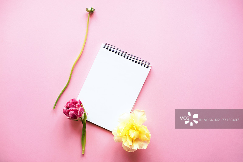 粉色背景上带有鲜花的记事本图片素材