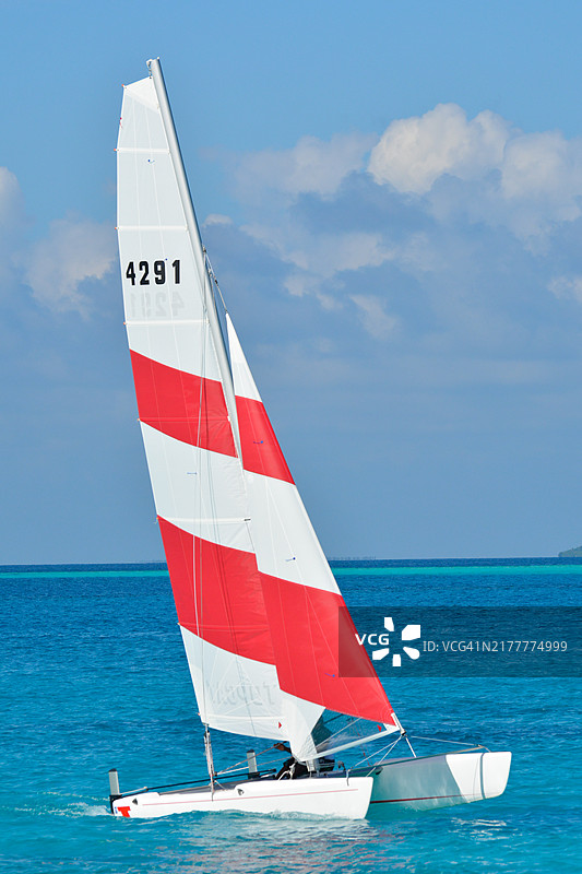 霍比猫双体帆船在马尔代夫碧绿的海水中航行图片素材