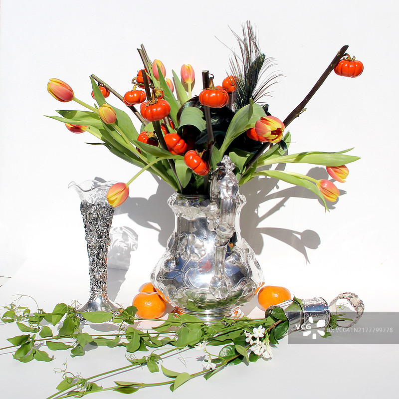 白色背景下花瓶中的花朵特写， 美国， 美国图片素材