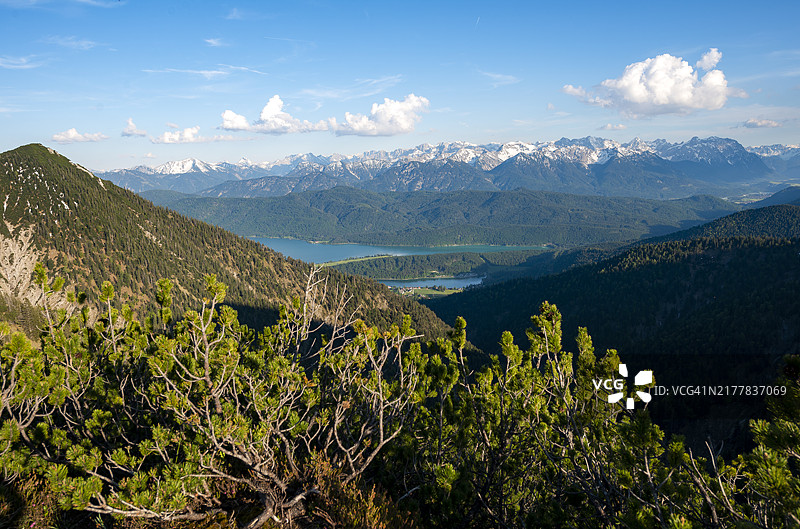 瓦chen湖和卡文德尔山脉的山景，黑尔佐格斯丹Heimgarten山脊步道，上巴伐利亚，巴伐利亚，德国，欧洲图片素材