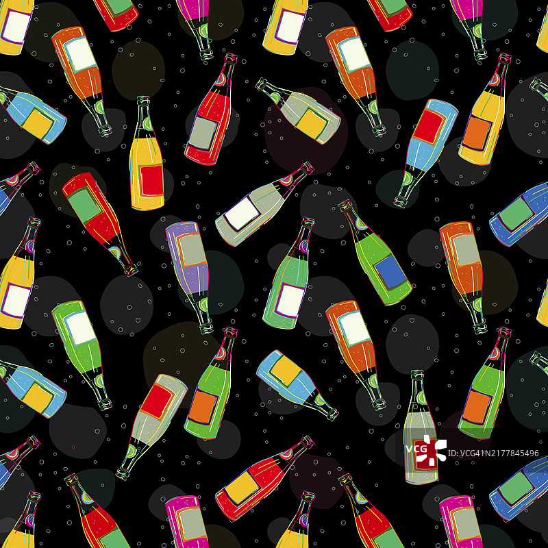 黑色背景上的彩色矢量葡萄酒、香槟瓶图片素材