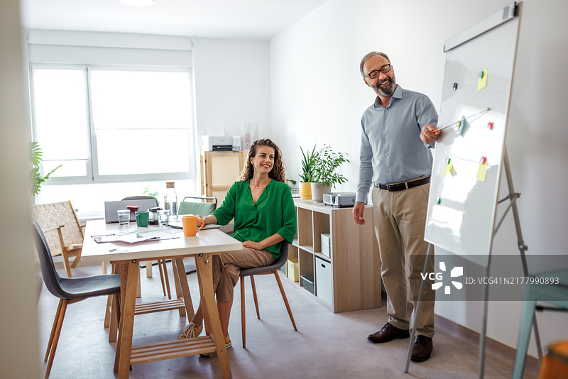 成熟男性在办公室与女性同事交谈，向她展示白板上的商业策略图片素材