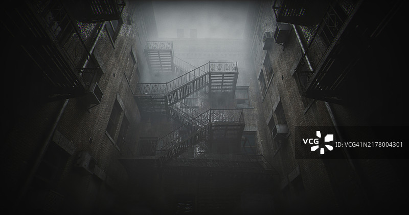雾蒙蒙的防火逃生楼梯的怪异都市逃生图片素材
