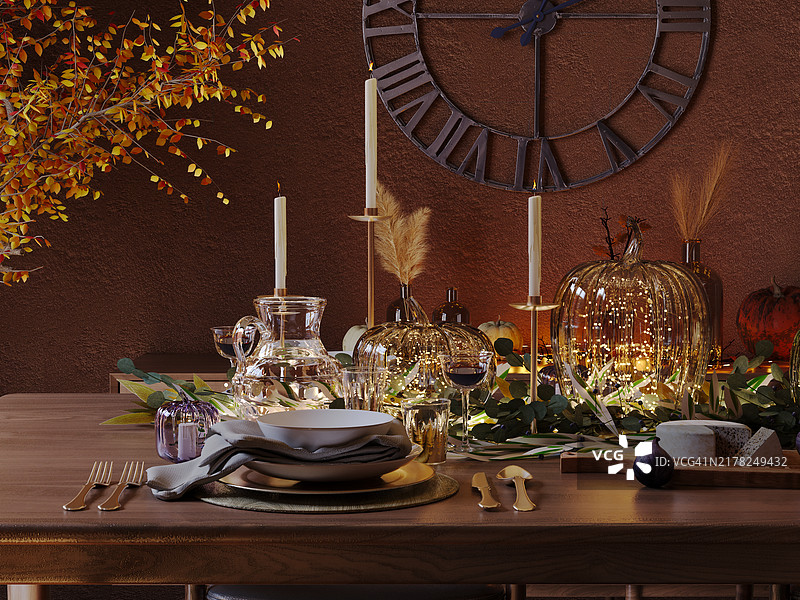 感恩节餐桌与乡村木桌，南瓜浆果蜡烛葡萄酒秋季装饰图片素材