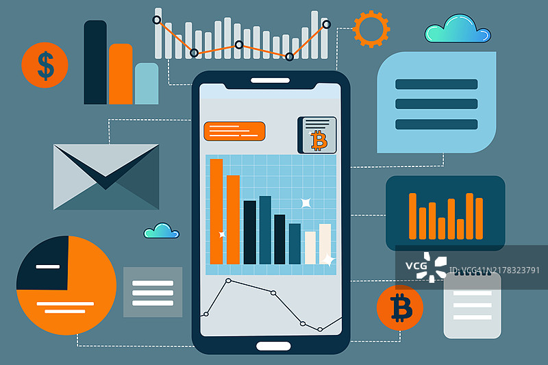 扁平化设计的科技概念展示了人们使用智能手机通过无线技术连接数据的抽象图像，智能手机附近弹出的图表和图形传达了数据和信息在云端的连接。图片素材