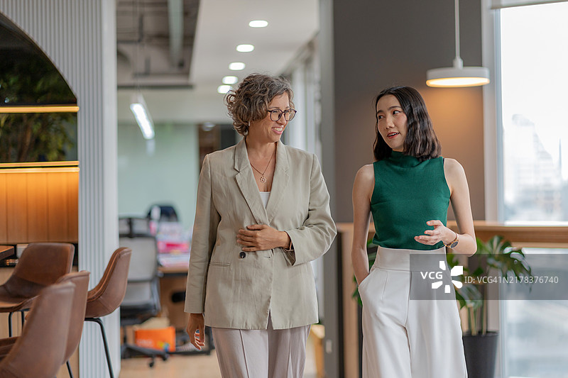 年轻女商务拓展人员在现代办公室与战略专家交谈。从经验丰富的专业人士那里获得宝贵的建议和见解。团队合作、指导和创新推动成功。图片素材
