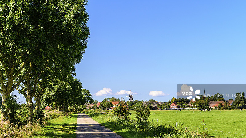 绿树成荫的小路，可欣赏绿色草地和村庄的景色，位于下萨克森州东弗里西亚图片素材