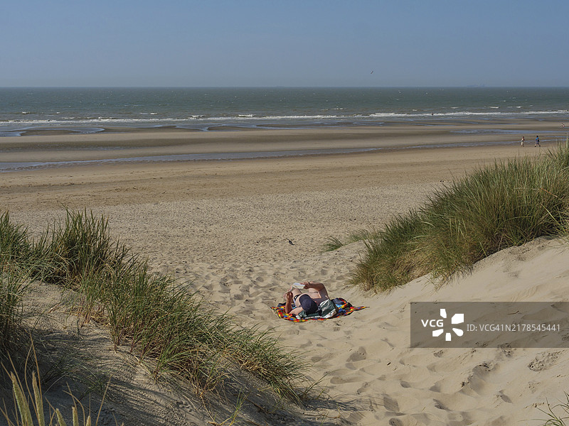 人员在沙丘的毯子上放松，俯瞰平静的海面，比利时德哈恩图片素材