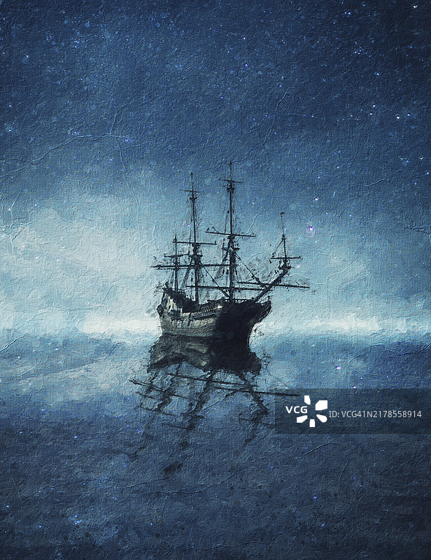星空下蓝色海面上漂浮的幽灵船绘画图片素材