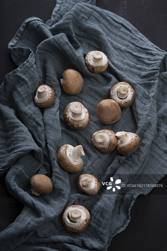 厨房用巾上的新鲜蘑菇（双孢蘑菇）图片素材