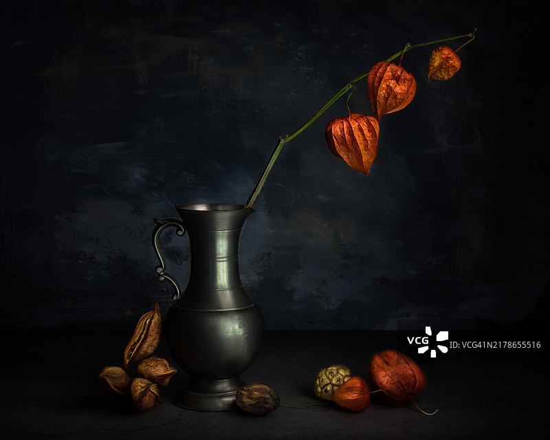 风灯果、锡制水壶和干果静物图片素材