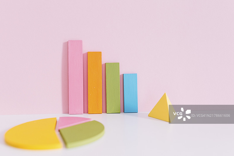 彩色条形图饼图黄色金字塔办公桌粉色背景图片素材