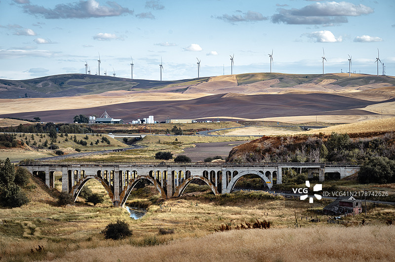 田野上桥梁的景观，背景是天空，华盛顿州，罗斯阿利亚，美国图片素材