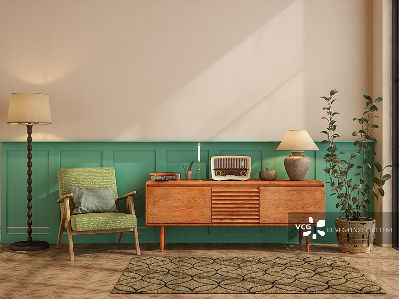 带有绿色扶手椅、梳妆台、落地灯和盆栽植物的复古客厅图片素材
