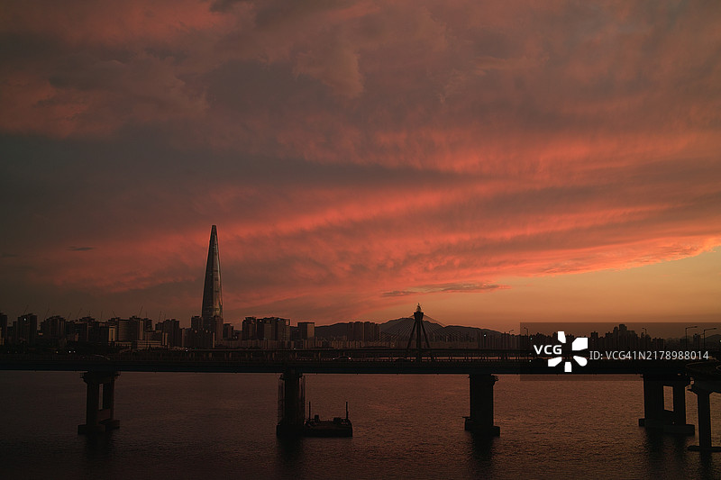 城市滨水日落景色图片素材