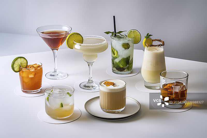 一组白色背景上的鸡尾酒和饮品图片素材