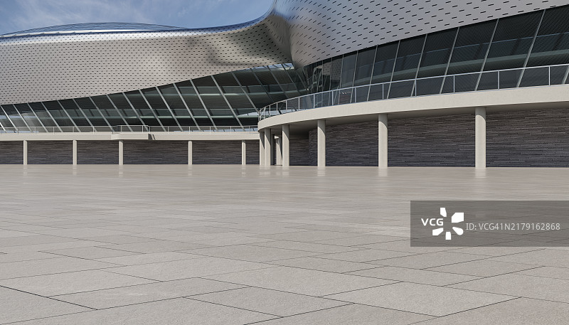 现代建筑前方的空旷广场，银色金属板图片素材