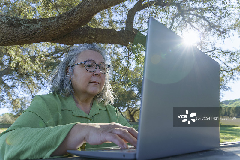 一位白发戴眼镜的成熟的女性在阳光明媚的乡村里使用电脑工作图片素材