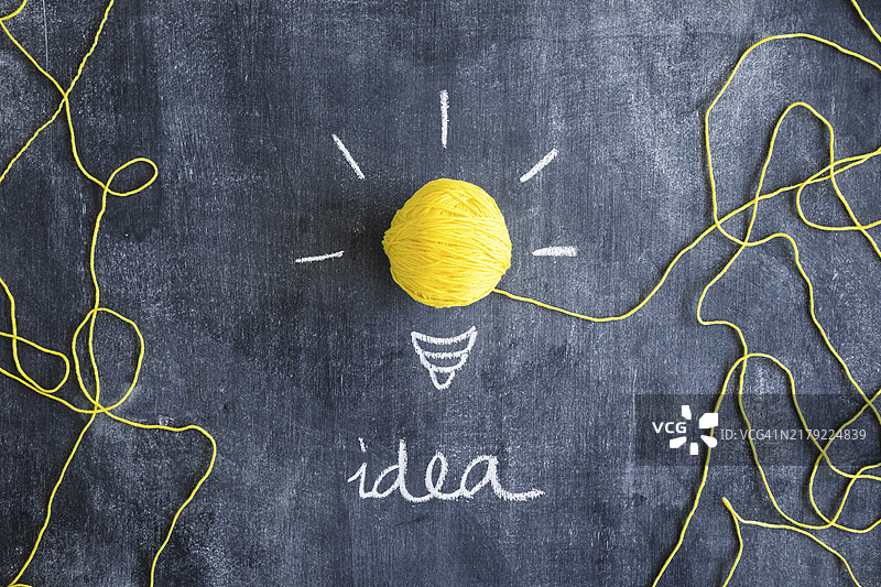用黄色毛线球作灯泡的创意文字黑板图片素材