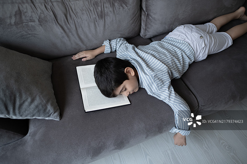 一个可爱的男孩抱着书在沙发上睡觉图片素材