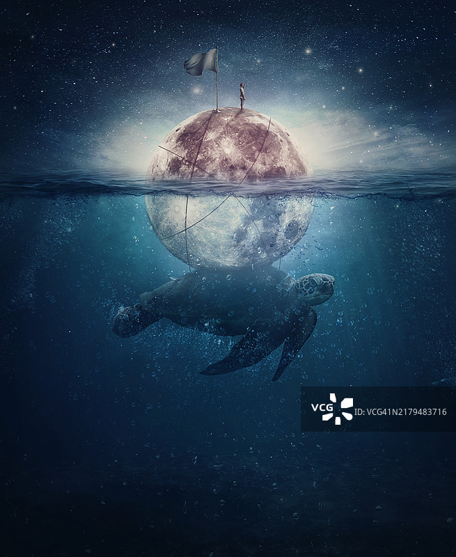 超现实场景：巨型海龟背负满月，孤独水手立于其上，奇幻海底与星空，梦幻航海之旅图片素材