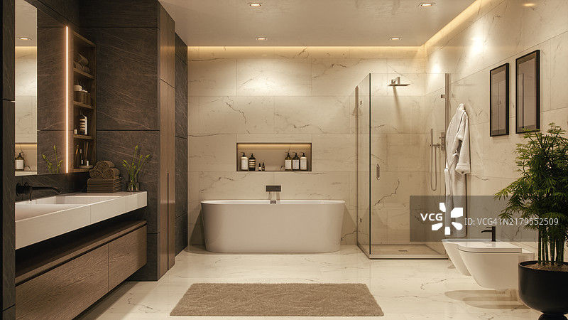 大理石饰面和柔和灯光的豪华现代浴室室内设计图片素材