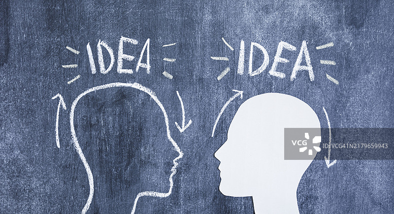 绘制了人脸轮廓和想法文字的白色大脑黑板图片素材
