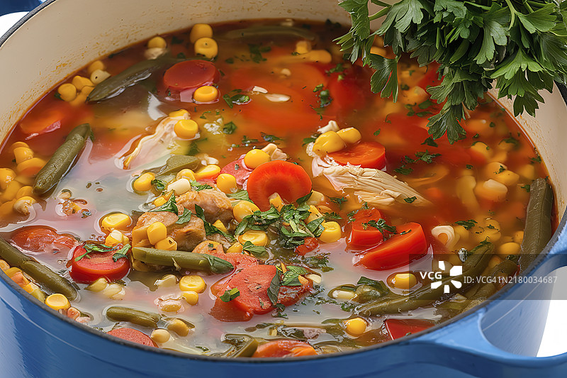 一只装满丰盛蔬菜汤的蓝色锅图片素材