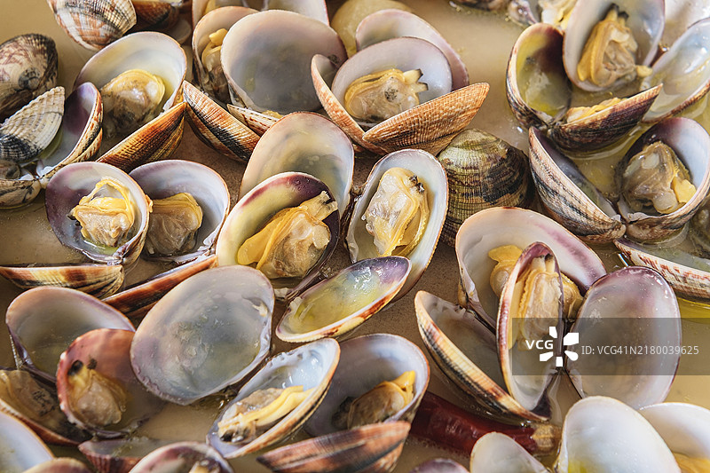 新鲜烹饪的开口蛤蜊放在盘子里图片素材