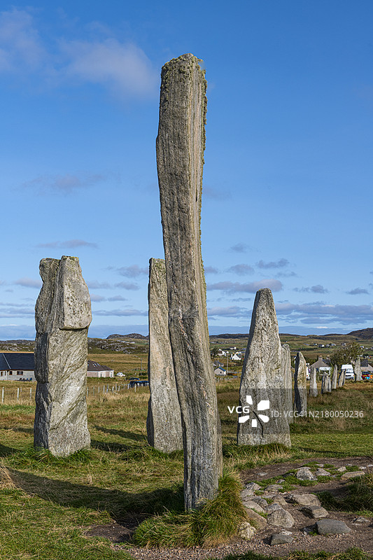 英国苏格兰外赫布里底群岛刘易斯岛的新石器时代卡拉尼什石阵图片素材