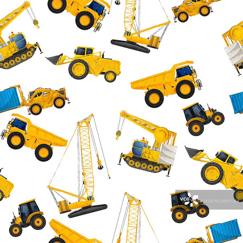 水彩无缝图案：白色背景上的工业重型机械图片素材