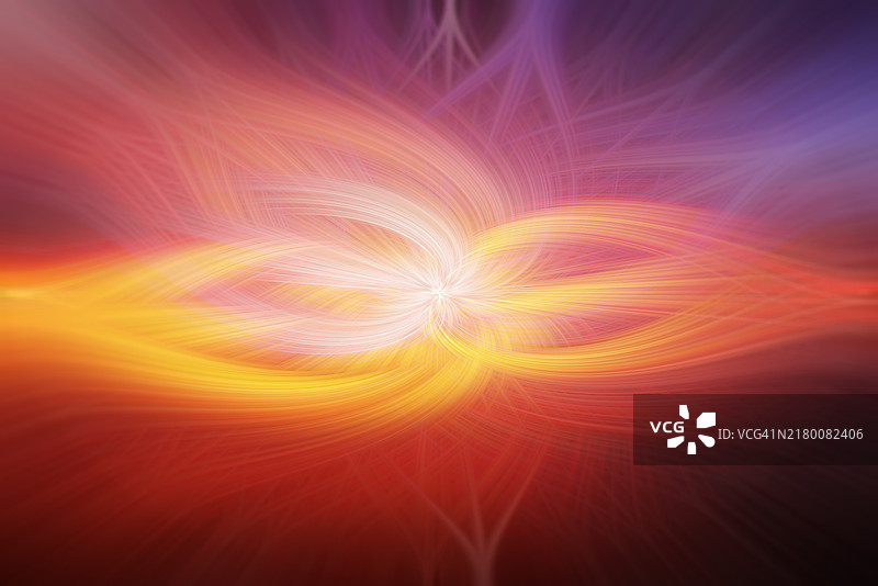 抽象的多彩生动背景，由明亮的波动和旋转光轨图案或发光纤维组成。图片素材