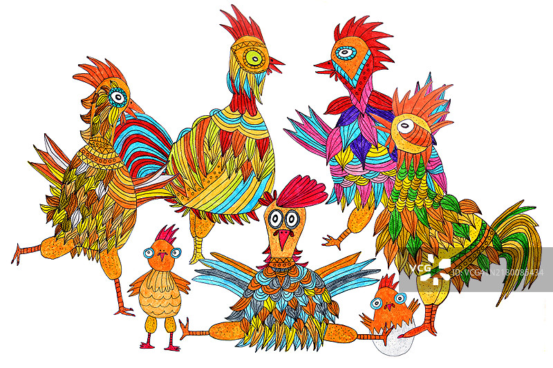 五只带小鸡的彩色鸡，白色背景的儿童画图片素材