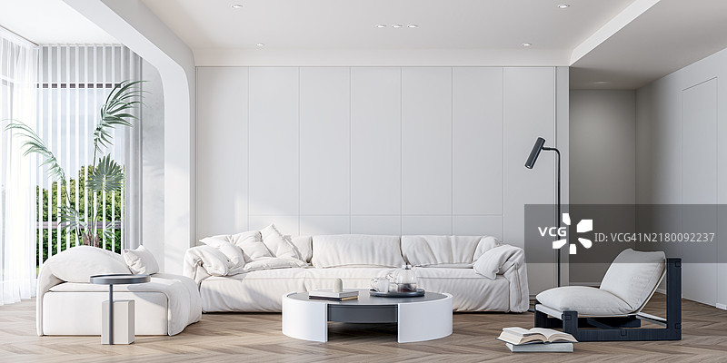 现代简约客厅，沙发和装饰位于浅色调定制内置家具和复制空间前，走廊一角，带窗帘的大窗户图片素材