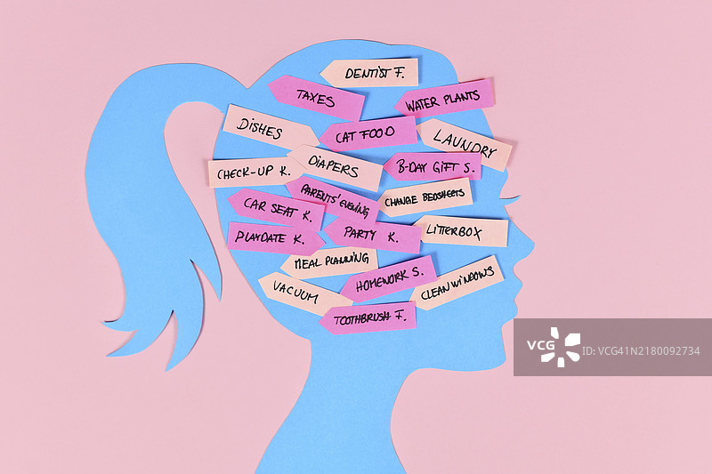 精神负担概念：女性头部轮廓，笔记上有多项任务图片素材